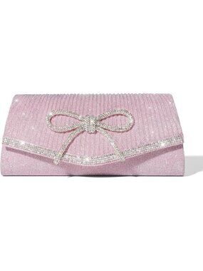 Women's Pink Sparkly Bow Rhinestone Clutch Purse Glitter Evening Bag